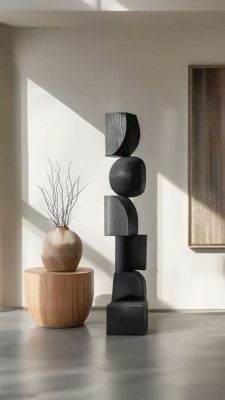 The Charcoal Wood Totem / Abstract Geometric Wooden Sculpture