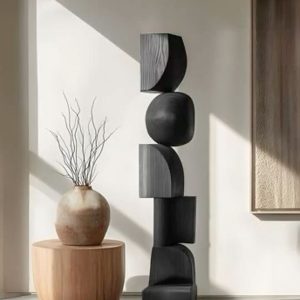 The Charcoal Wood Totem / Abstract Geometric Wooden Sculpture